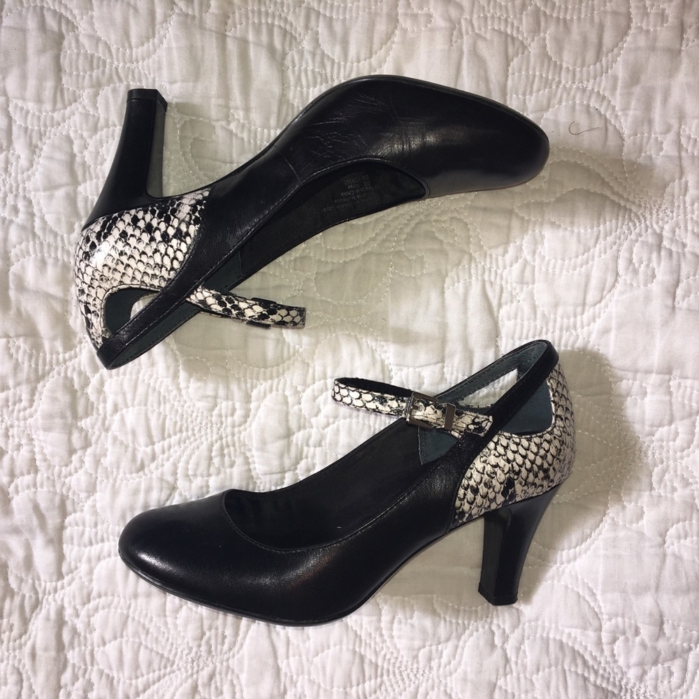 Black and white faux snakeskin Mary Jane heels